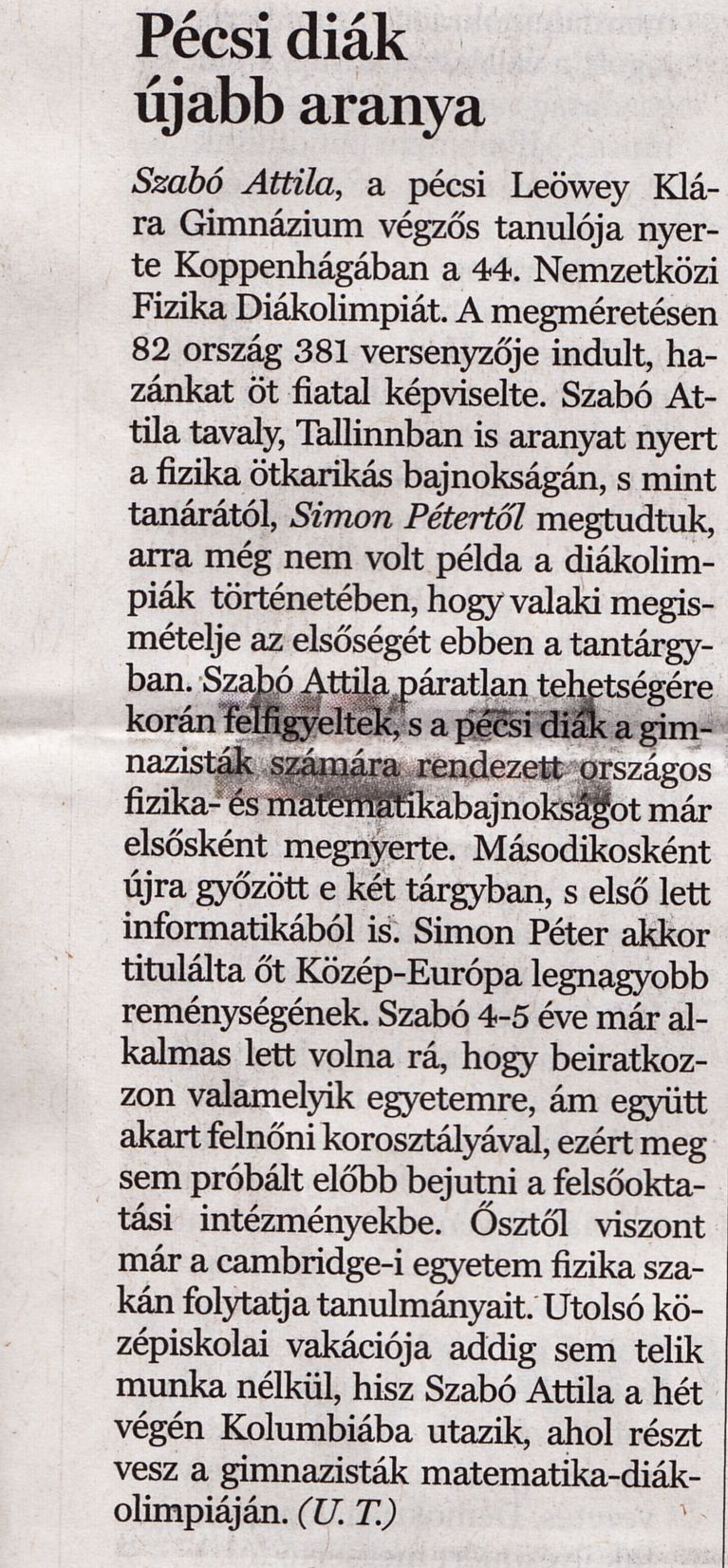 Diákolimpia. Pécsi diák újabb aranya