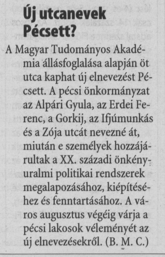 Új utcanevek Pécsett?