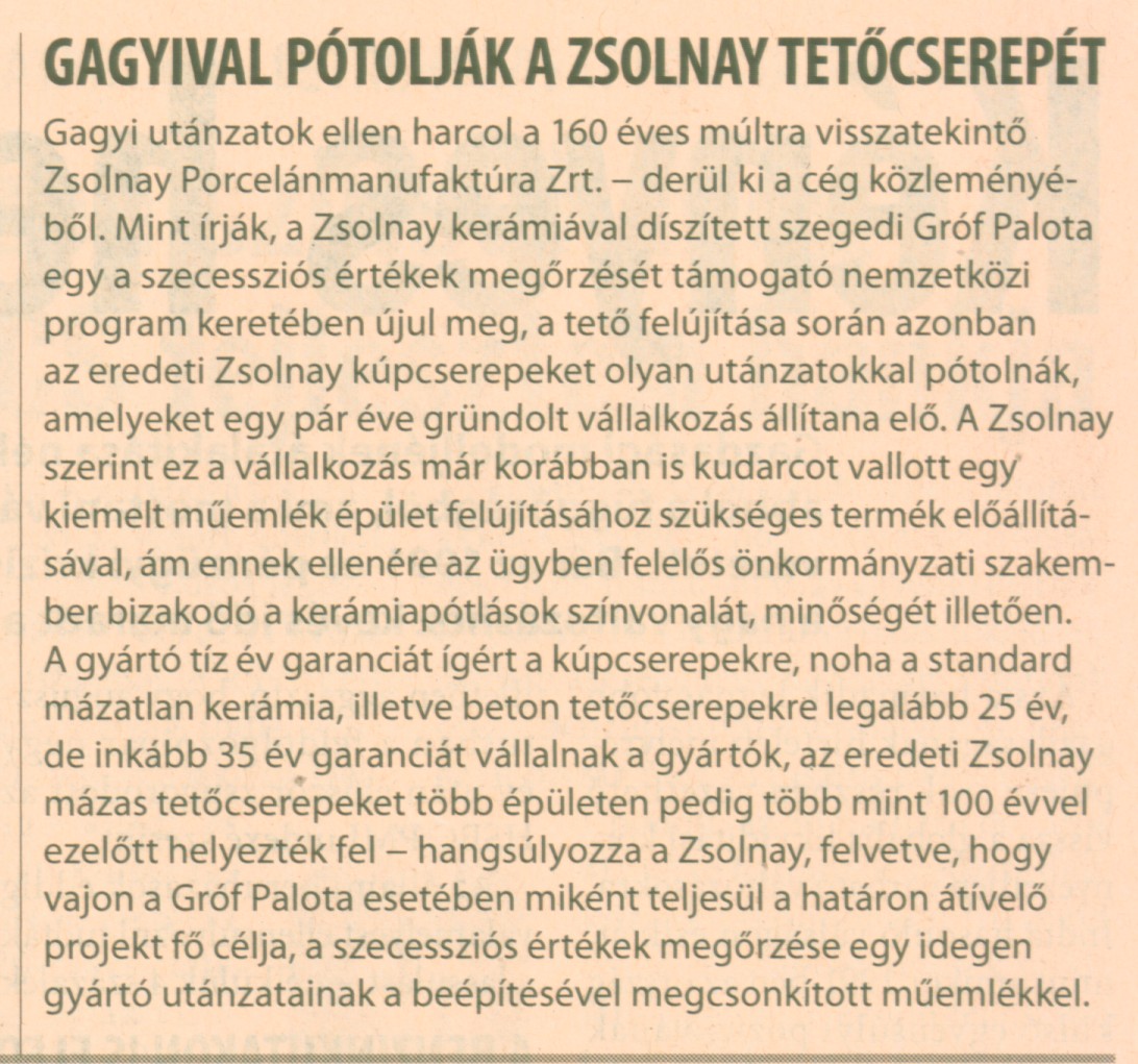 Gagyival pótolják a Zsolnay tetőcserepét
