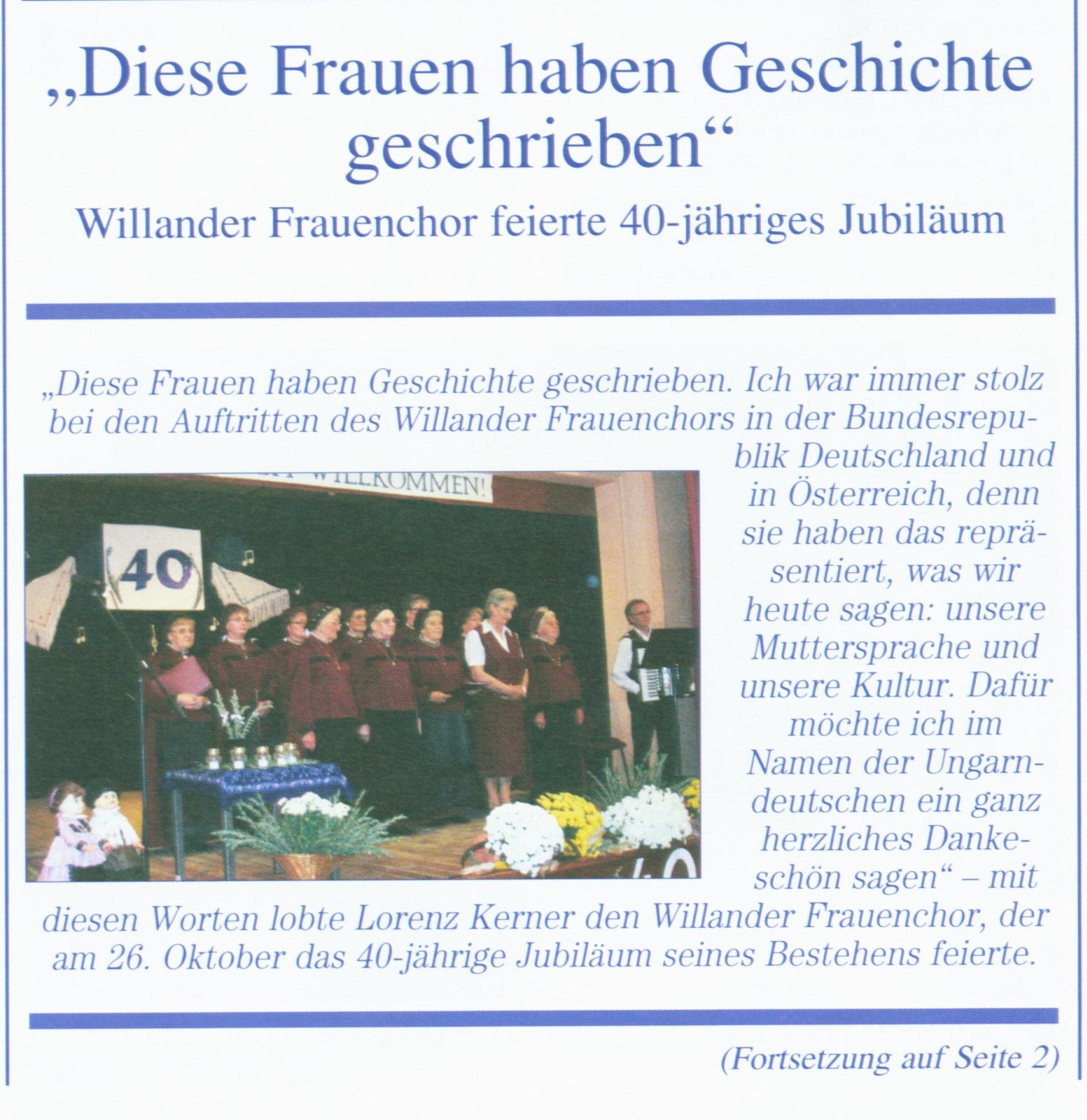"Diese Frauen haben Geschichte geschrieben" Willander Frauenchor feierte 40-jähriges Jubiläum