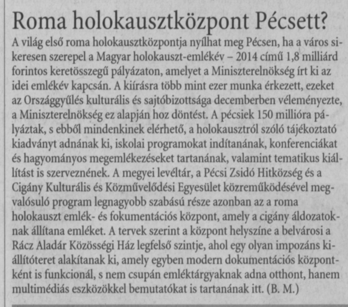 Roma holokauszközpont Pécsett?