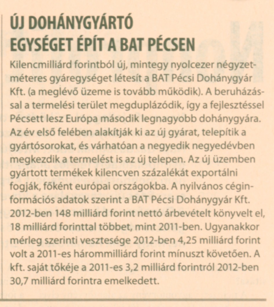 Új dohánygyártó egységet épít a BAT Pécsen