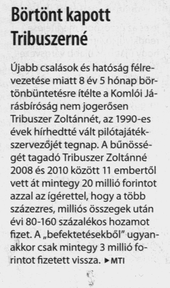 Börtönt kapott Tribuszerné