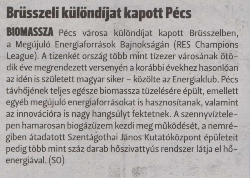 Brüsszeli különdíjat kapott Pécs Biomassza