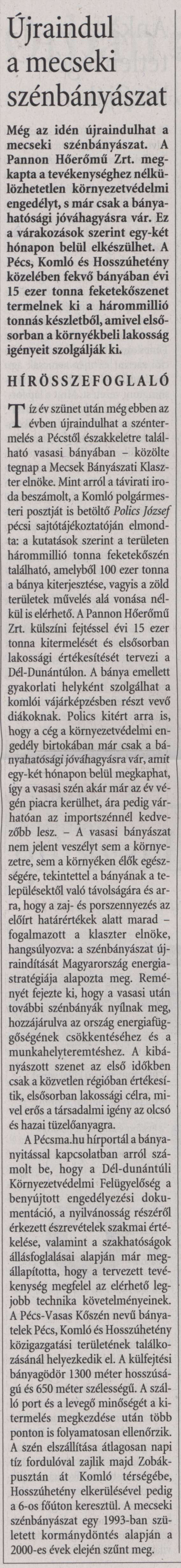 Újraindul a mecseki szénbányászat
