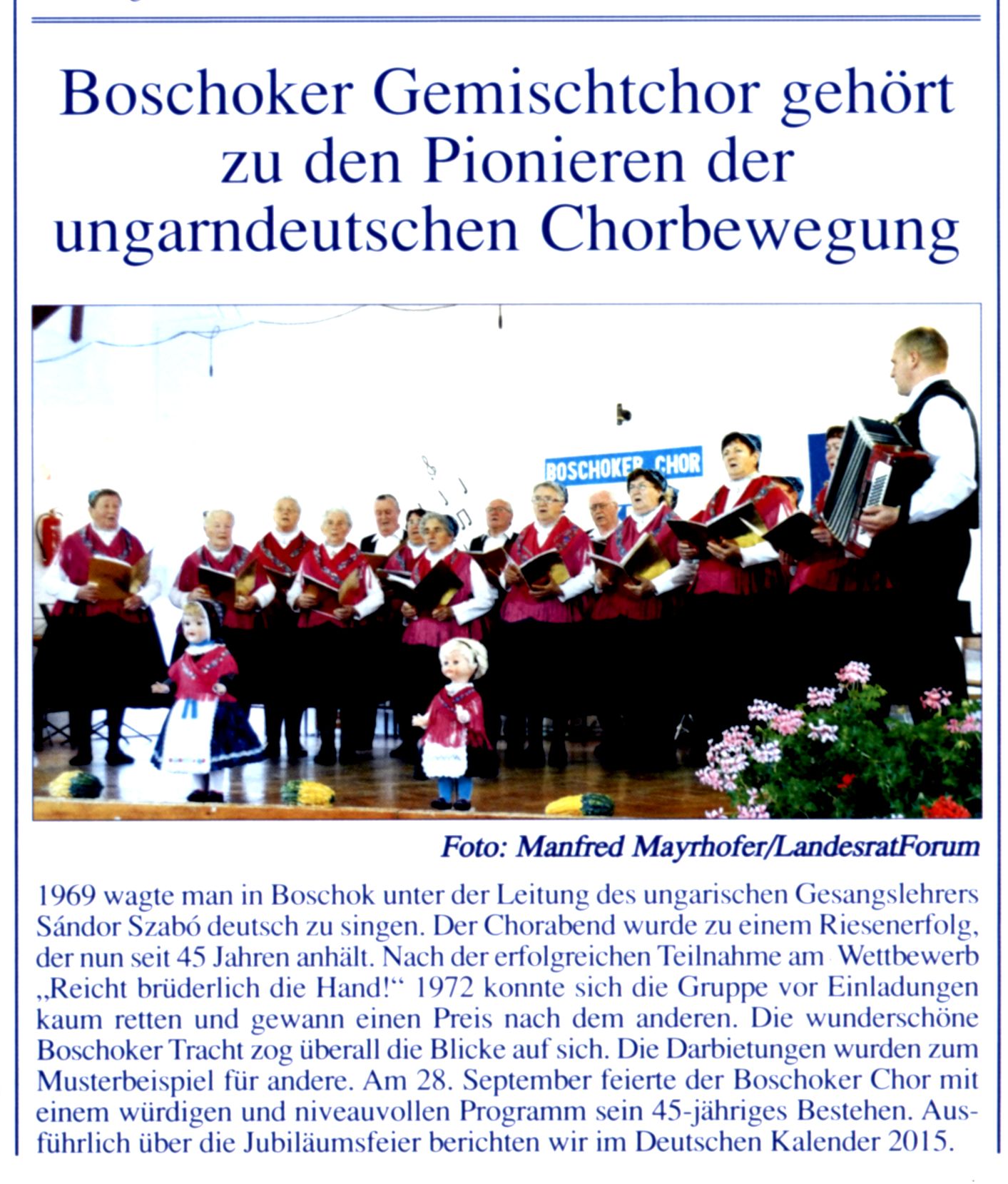 Boschoker Gemischtchor gehört zu den Pioniren der ungarndeutschen Chorbewegung