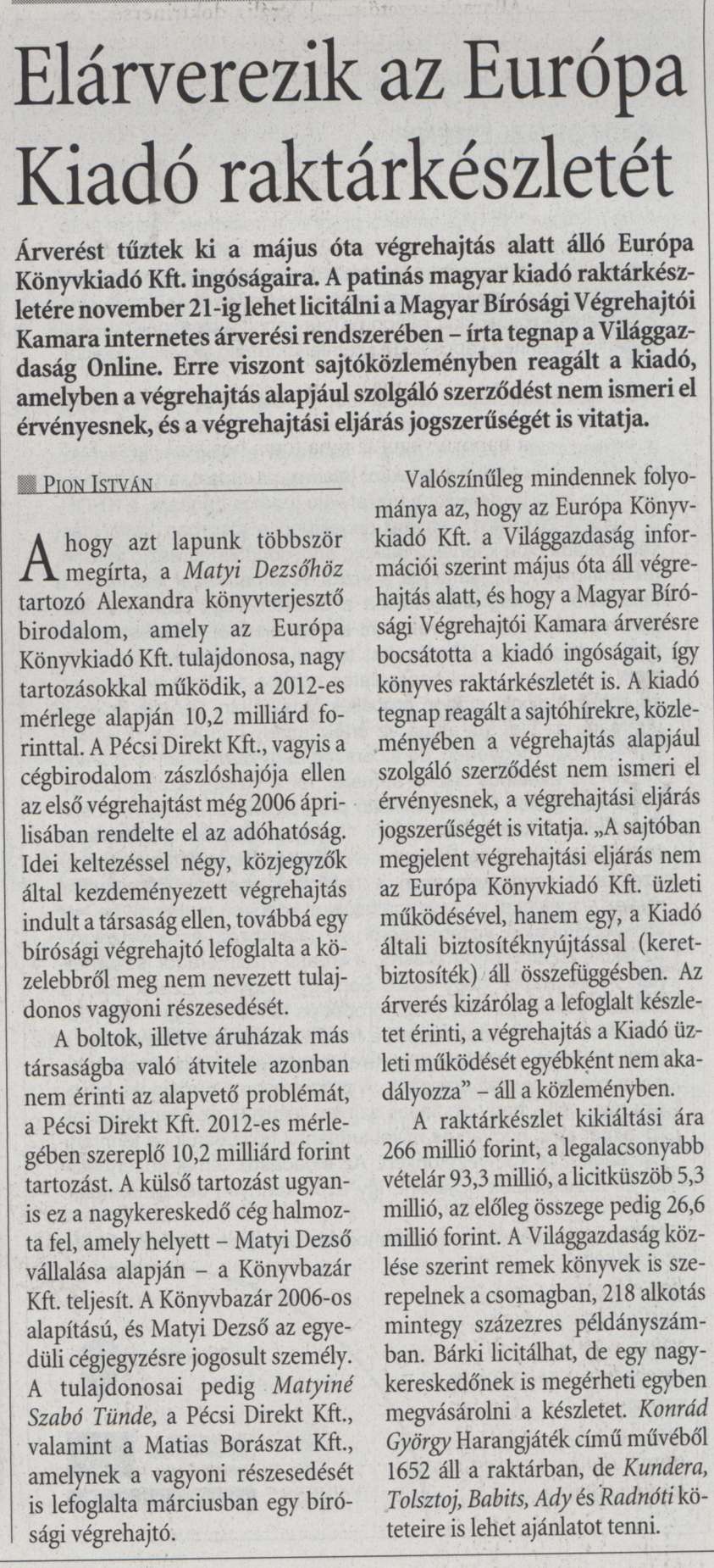 Elárverezik az Európa Kiadó raktárkészletét