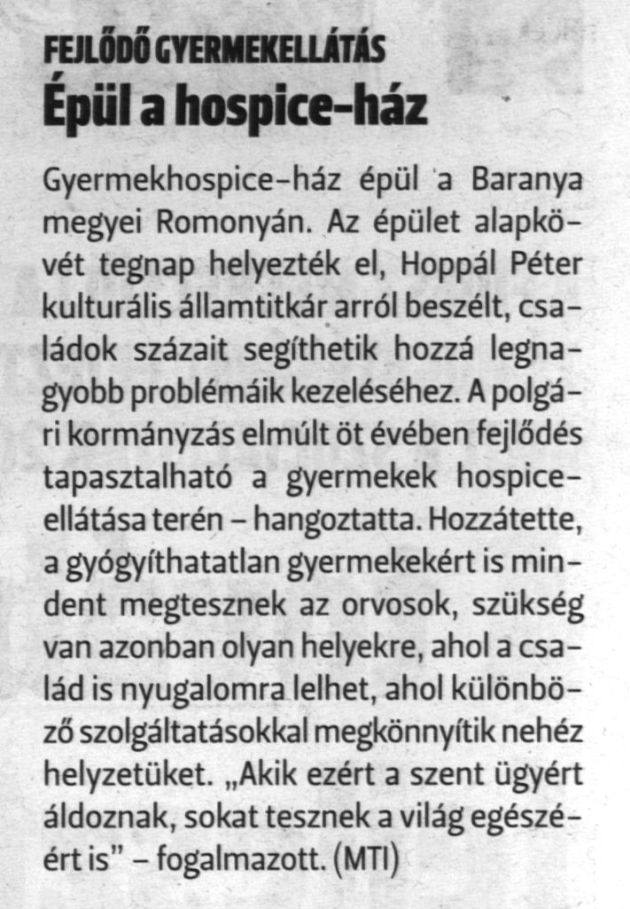 Épül a hospice-ház Fejlődő gyermekellátás