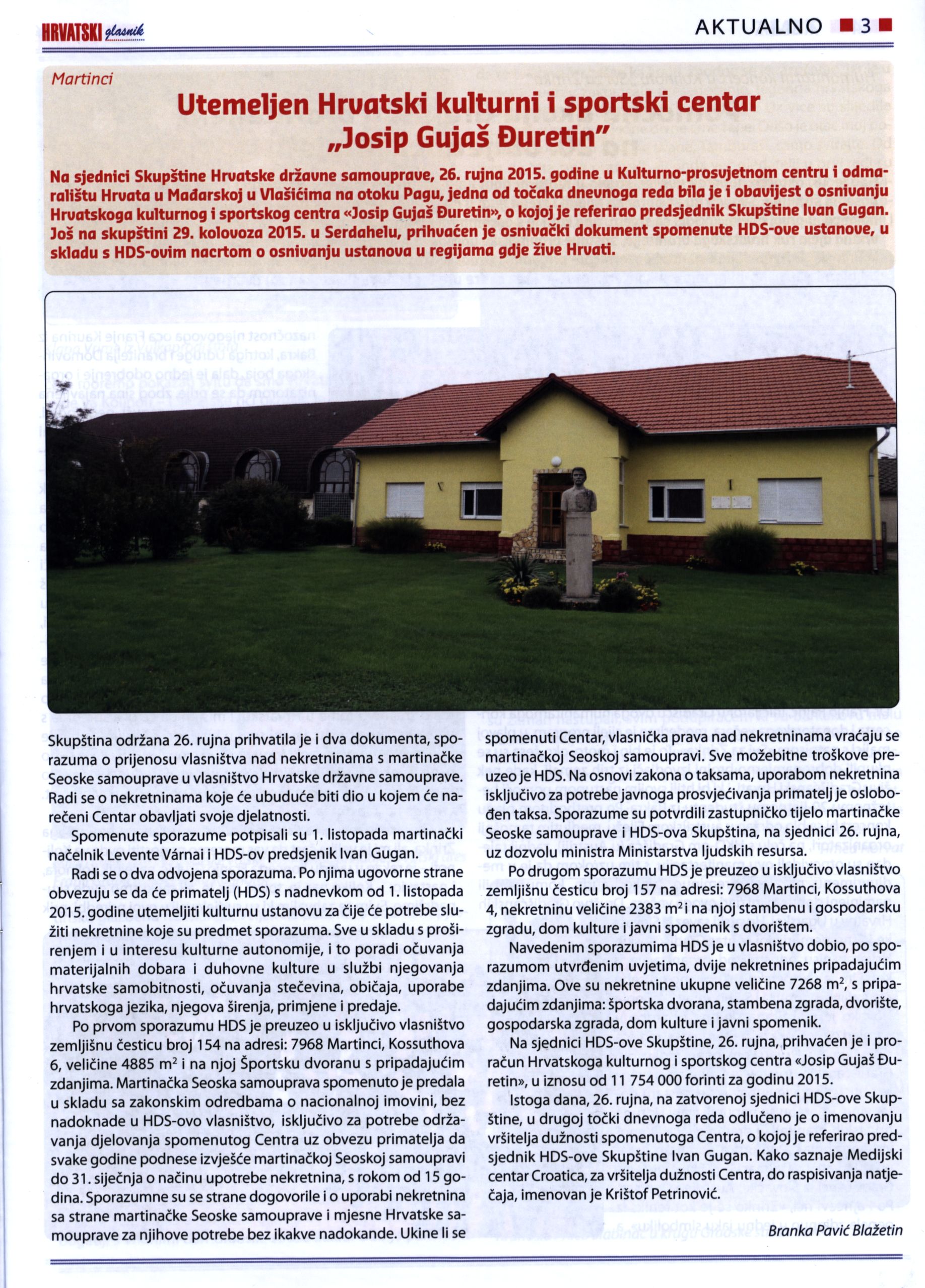 Utemeljen Hrvatski kulturni i sportski centar "Josip Gujaš Đuretin"