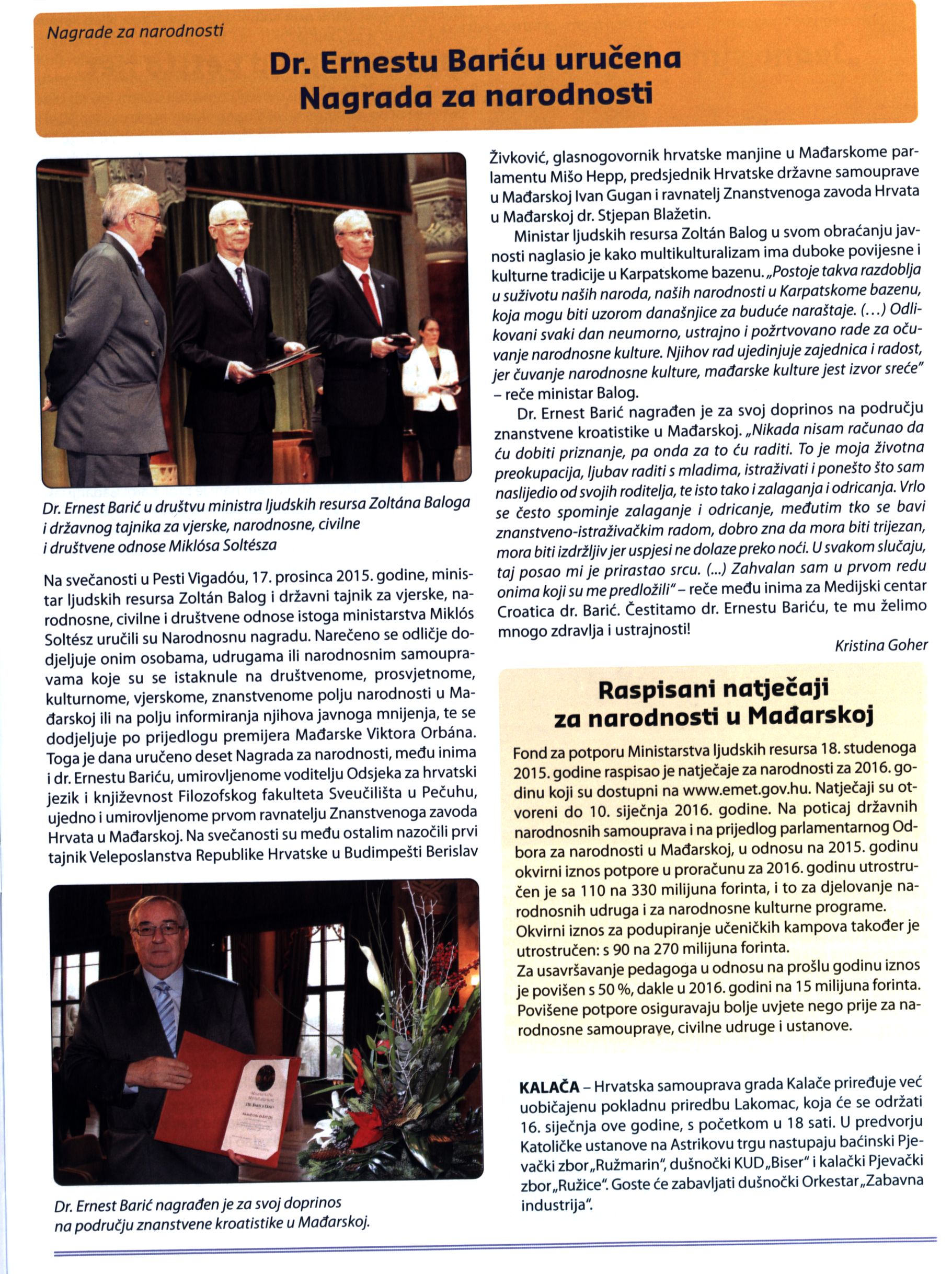 Dr. Ernestu Bariću uručena Nagrada za narodnosti