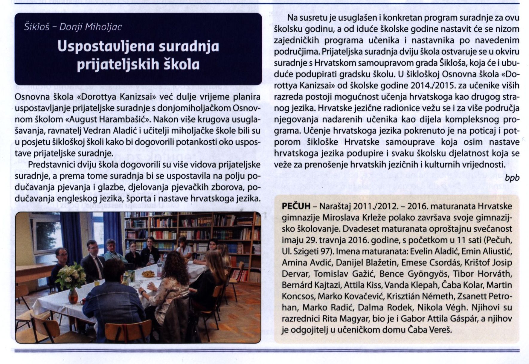 Uspostavljena suradnja prijateljskih škola