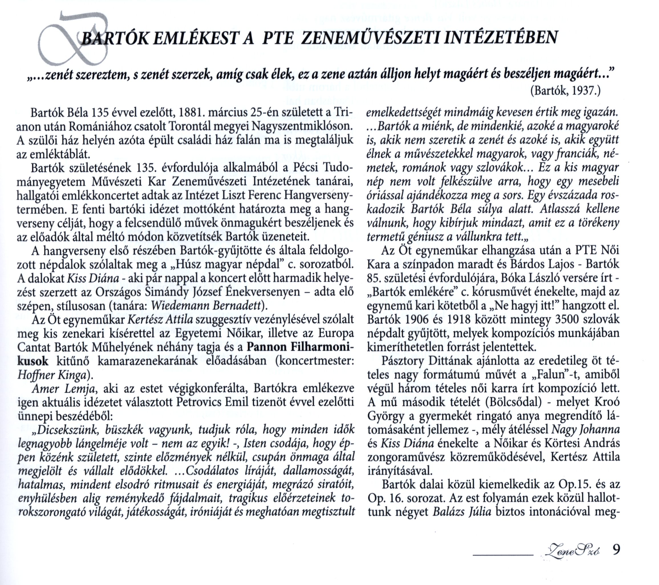 Bartók emlékest a PTE Zeneművészeti Intézetében