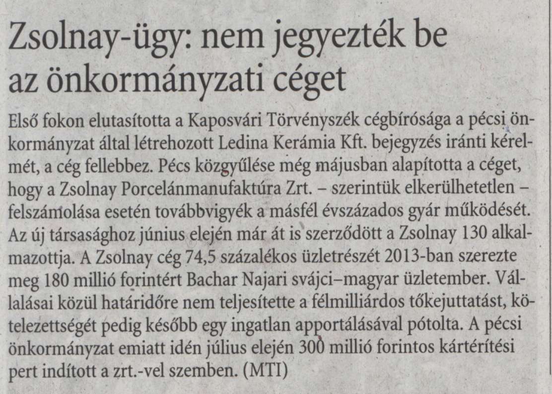 Zsolnay-ügy: nem jegyezték be az önkormányzati céget