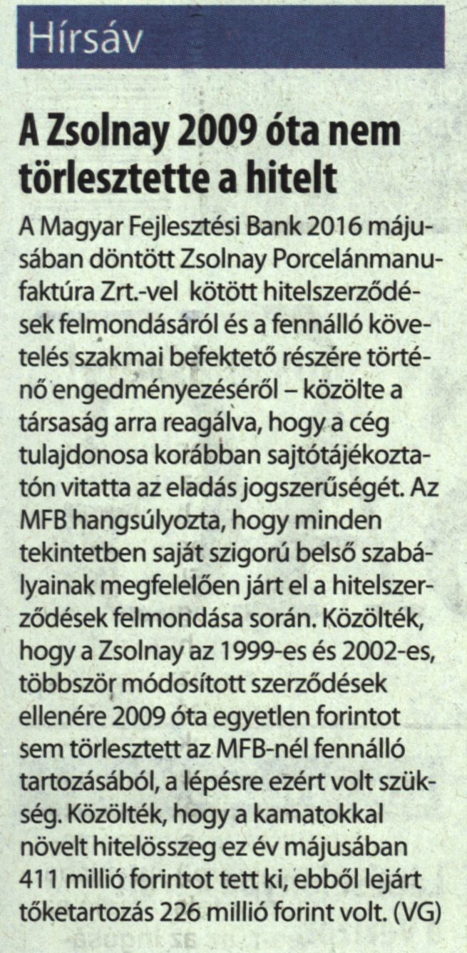 A Zsolnay 2009 óta nem törlesztette a hitelt