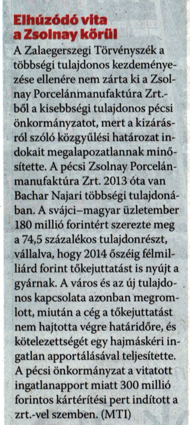 Elhúzódó vita a Zsolnay körül