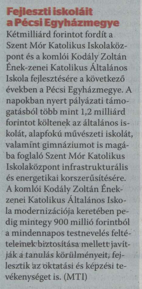 Fejleszti iskoláit a Pécsi Egyházmegye