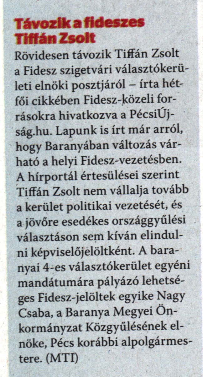 Távozik a fideszes Tiffán Zsolt