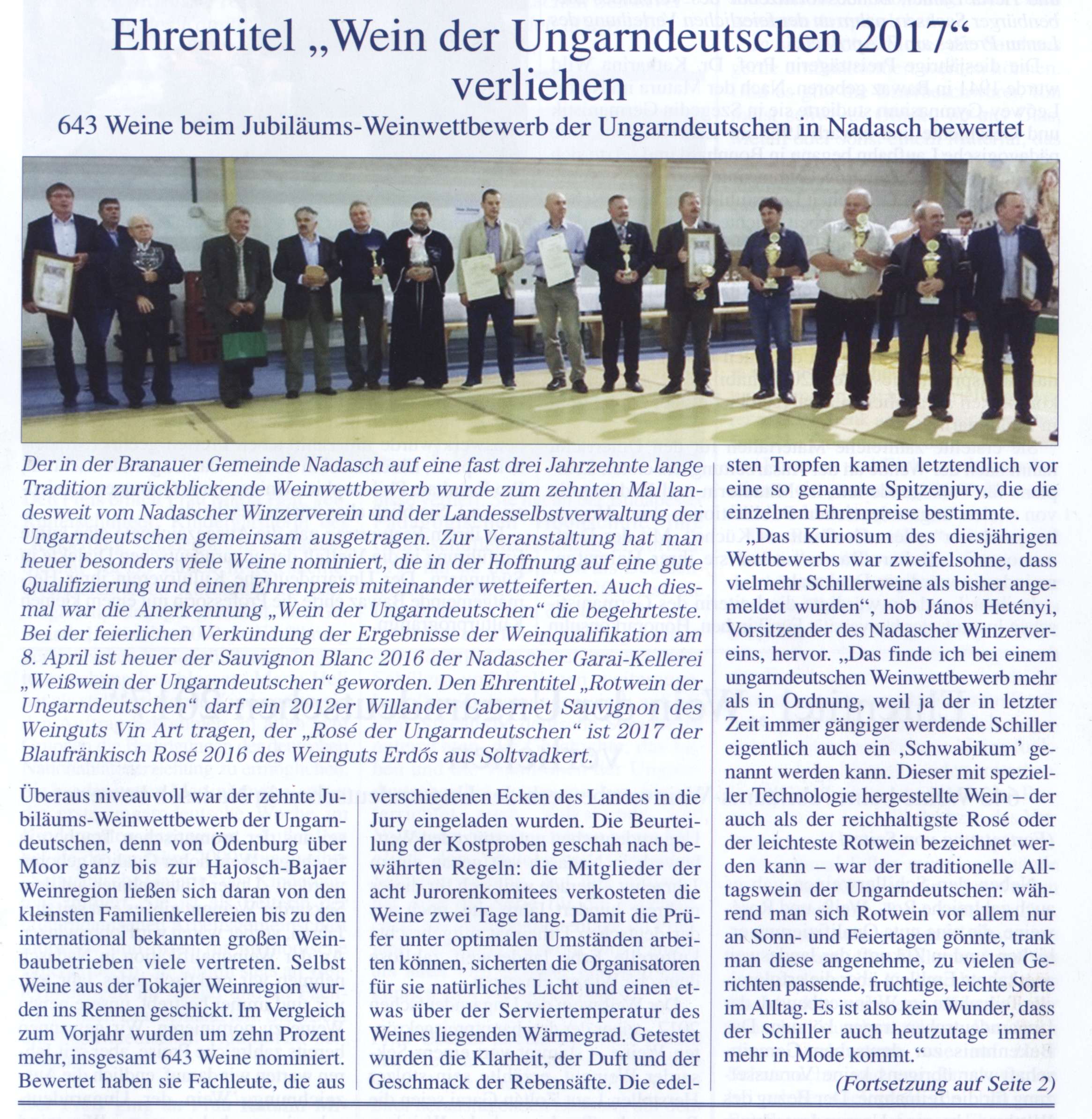 Ehrentitel "Wein der Ungarndeutschen 2017" verliehen 643 Weine beim Juiläums-Weinwettbewerb der Ungarndeutschen in Nadasch bewertet