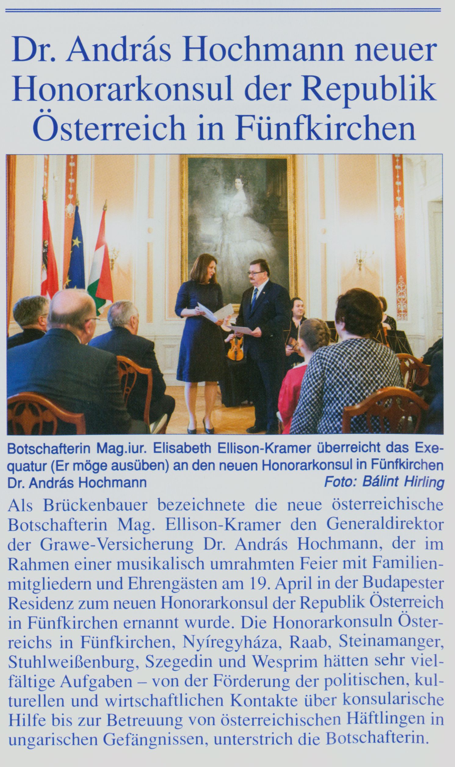Dr. András Hochmann neuer Honorarkonsul der Republik Österreich in Fünfkirchen