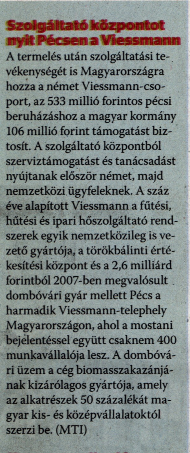Szolgáltató központot nyit Pécsen a Viessmann