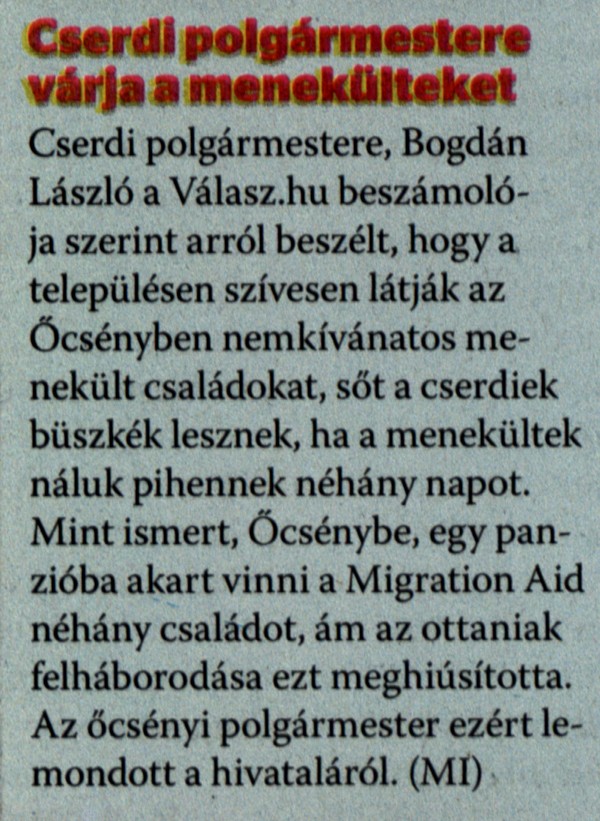 Cserdi polgármestere várja a menekülteket