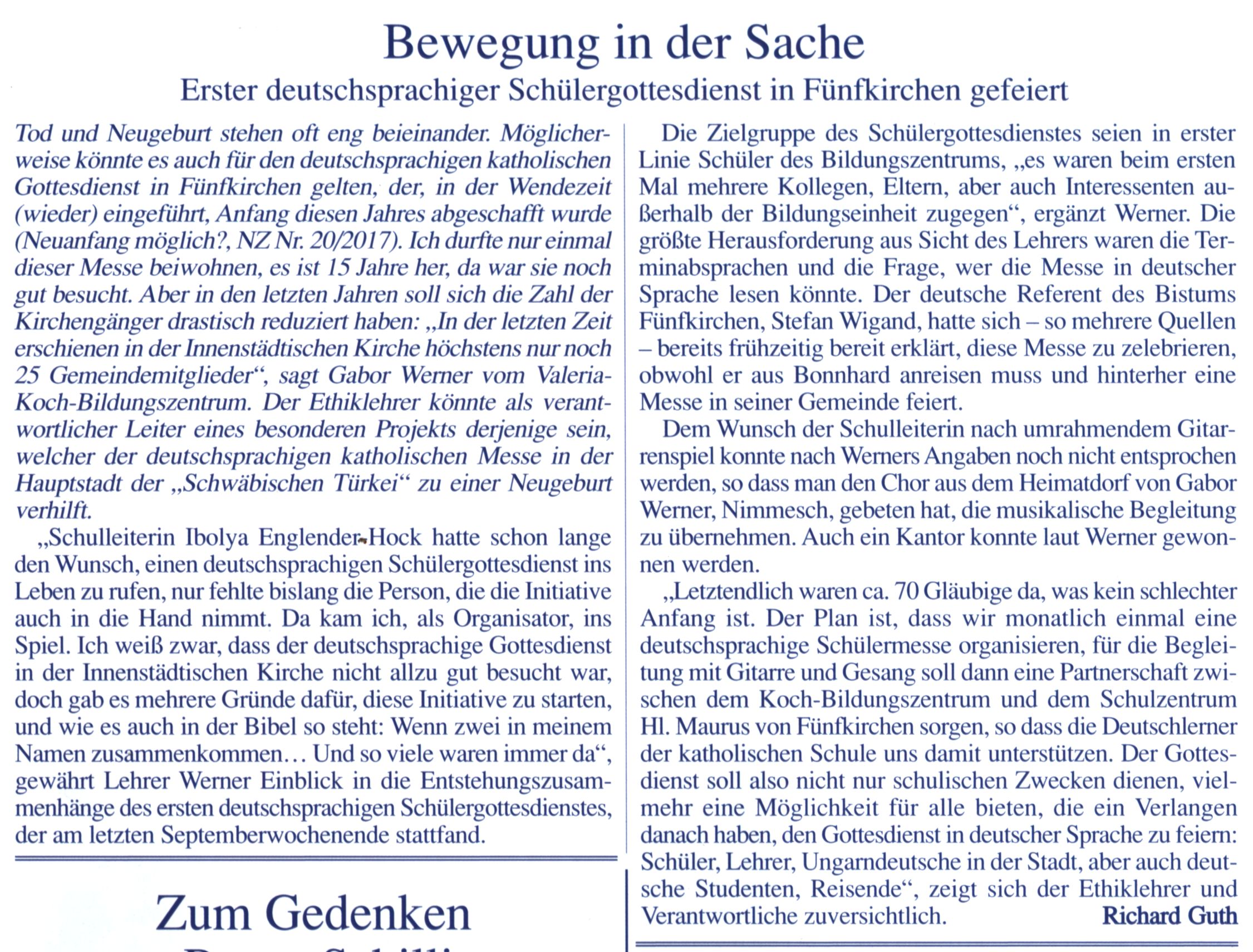 Bewegung in der Sache Erster deutschsprachiger Schülergottesdienst in Fünfkirchen gefeiert
