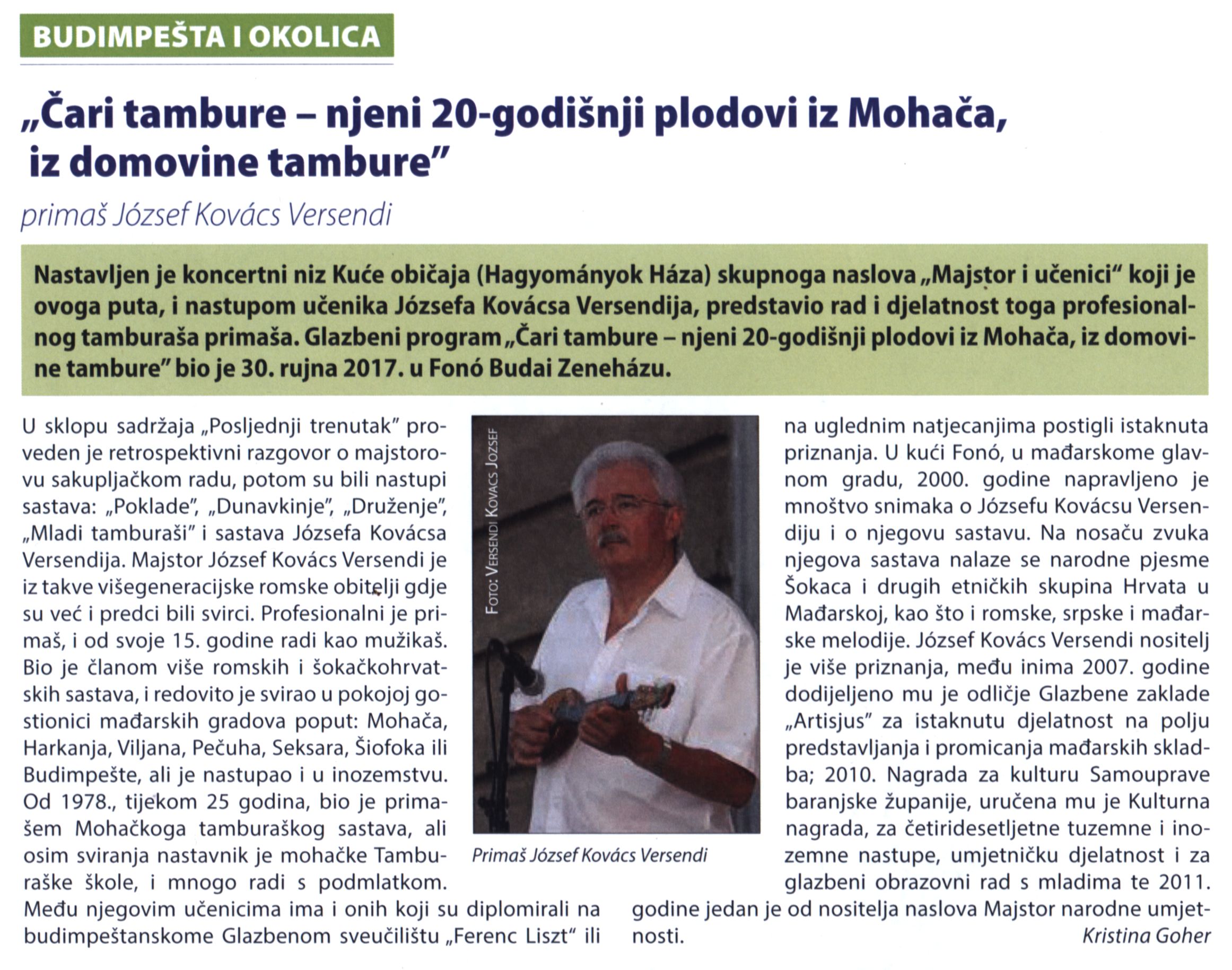 "Čari tambure - njeni 20-godišnji plodovi is Mohača, iz domovine tambure" primaš József Kovács Versendi