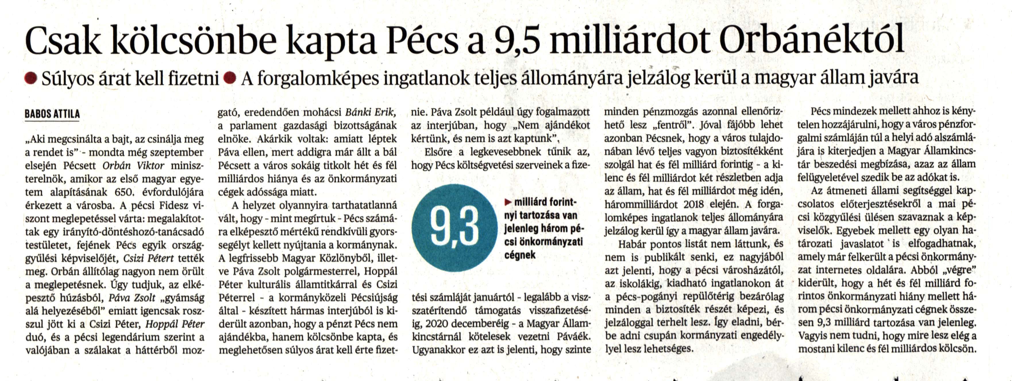 Csak kölcsönbe kapta Pécs a 9,5 milliárdot Orbánéktól