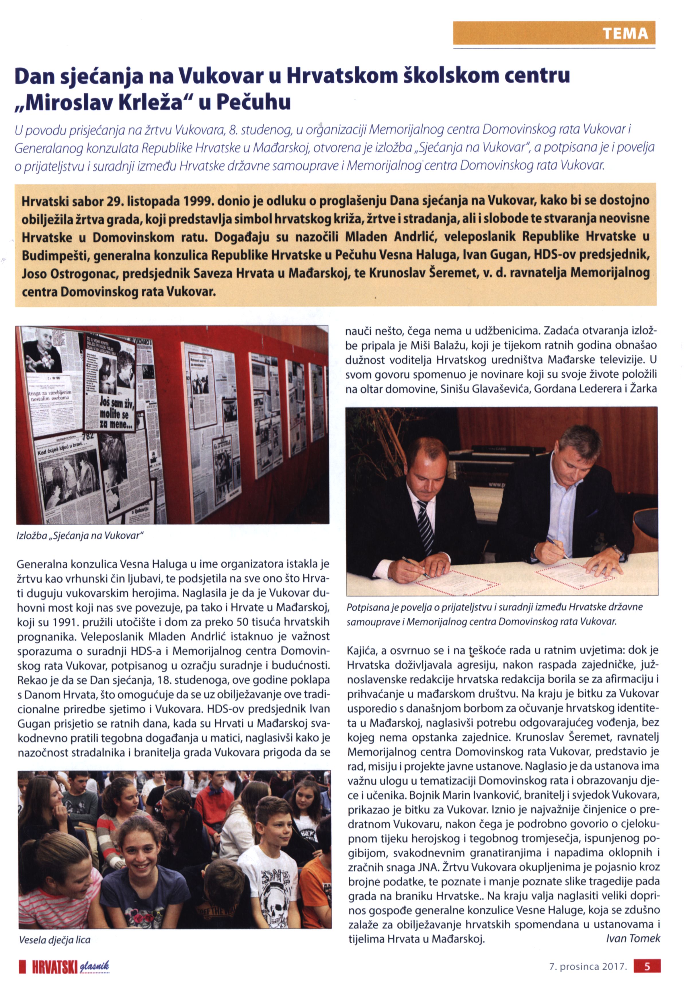 Dan sjećanja na Vukovar u Hrvatskom školskom centru "Miroslav Krleža" u Pečuhu