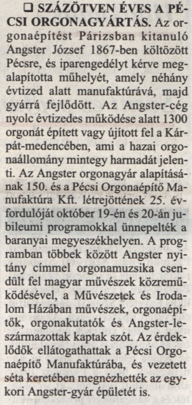 Százötven éves a pécsi orgonagyártás
