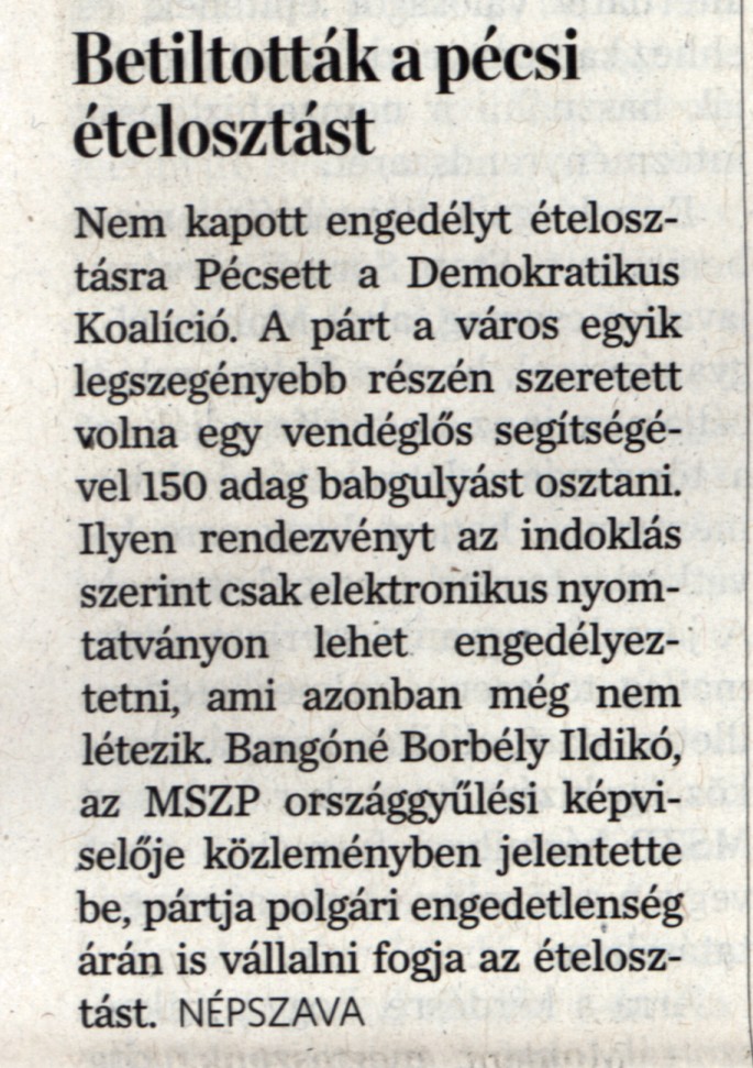 Betiltották a pécsi ételosztást