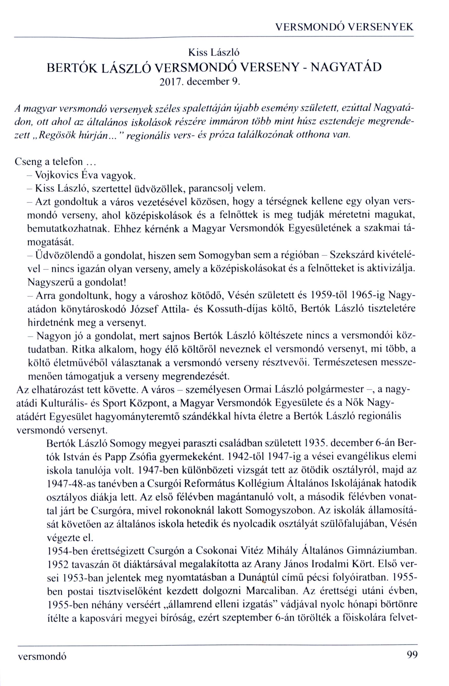 Bertók László versmondó verseny - Nagyatád 2017. december 9.