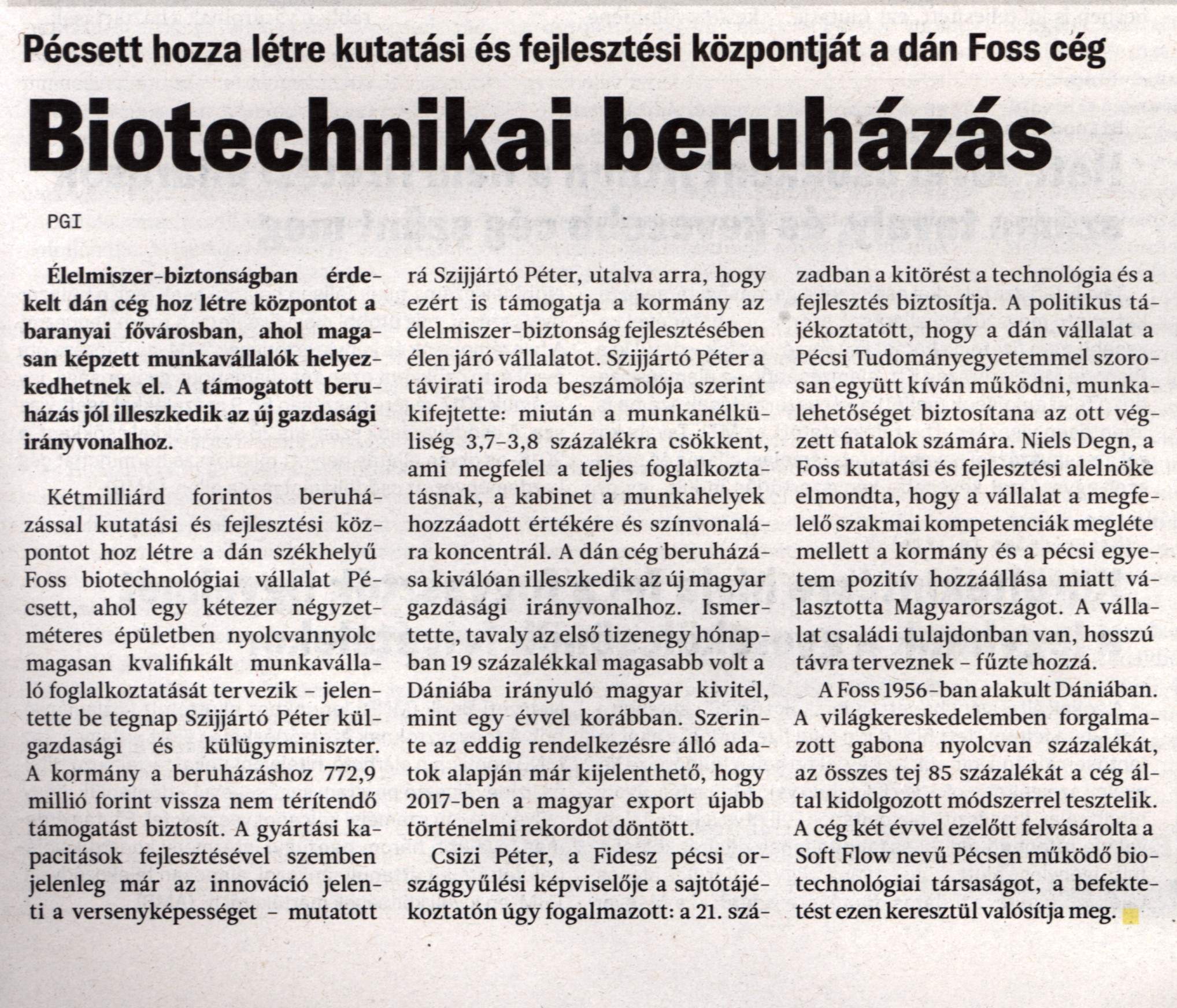 Biotechnikai beruházás Pécsett hozta létre kutatási és fejlesztési központját a dán Foss cég