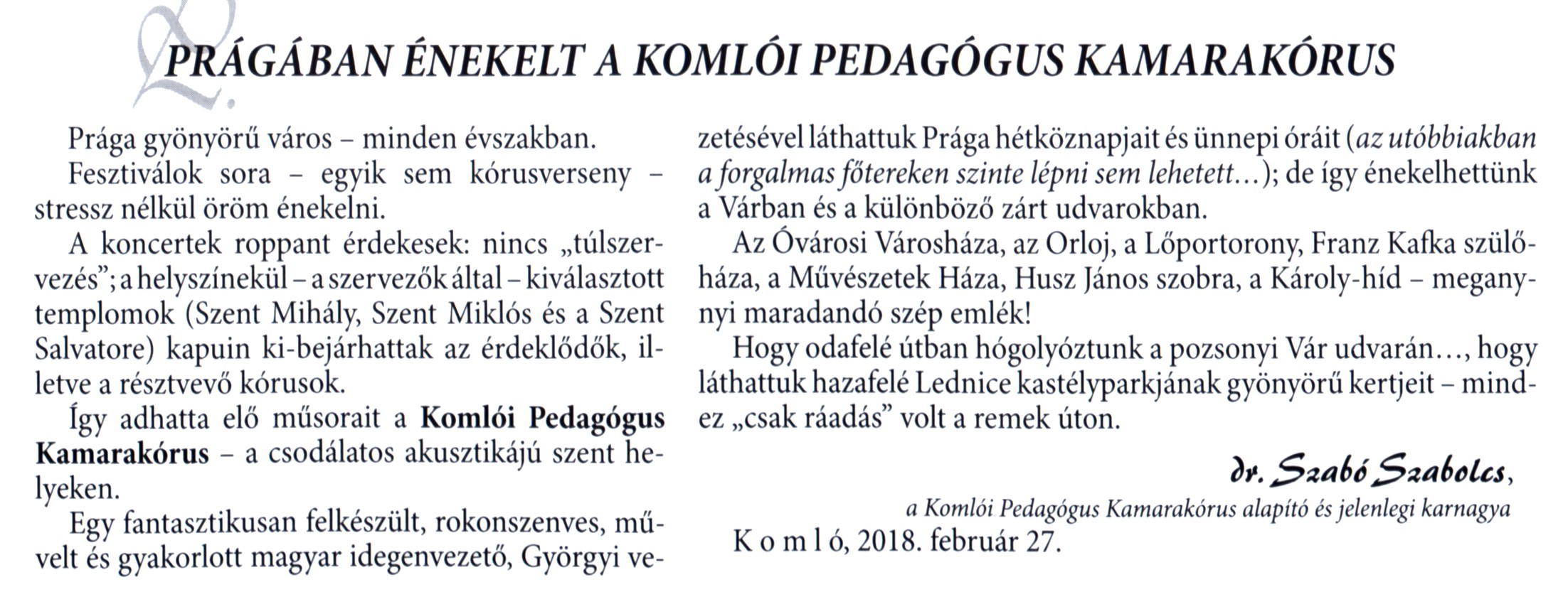 Prágában énekelt a Komlói Pedagógus Kamarakórus