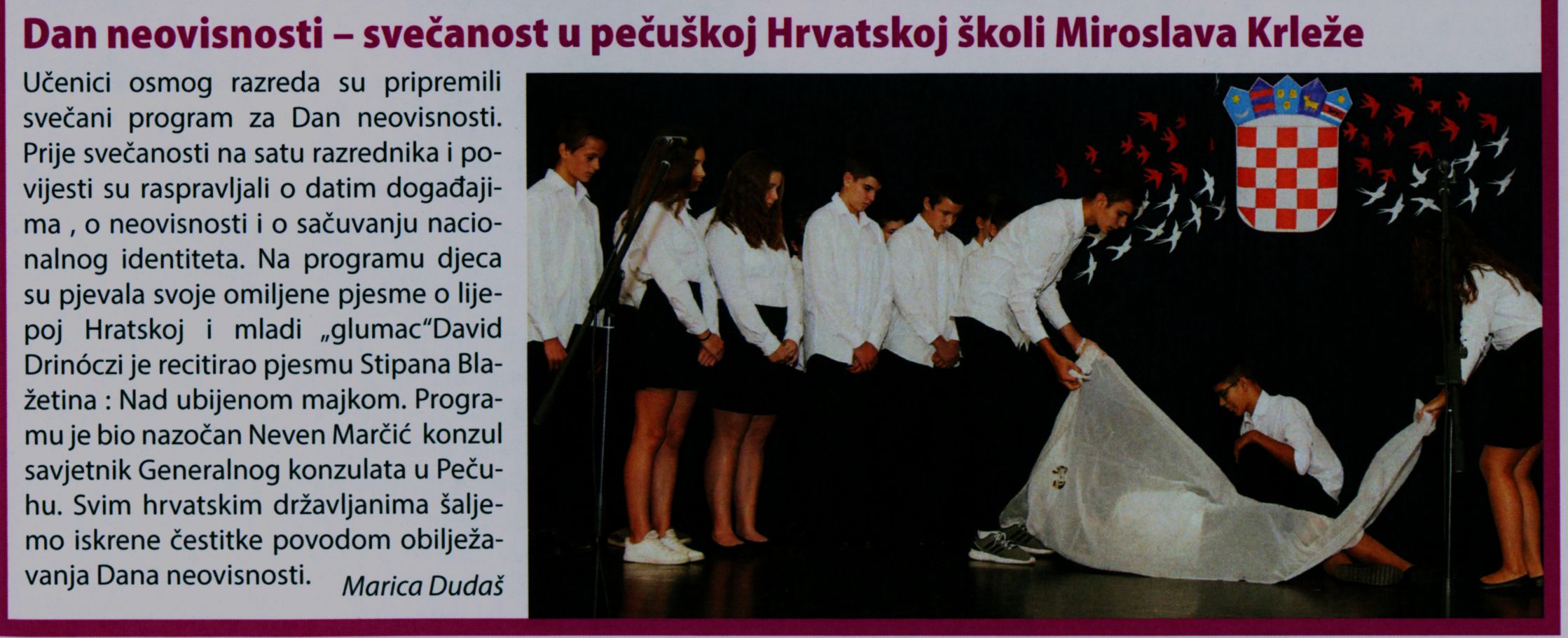 Dan neovisnosti - svečanost u pečuškoj Hrvatskoj školi Miroslava Krleže