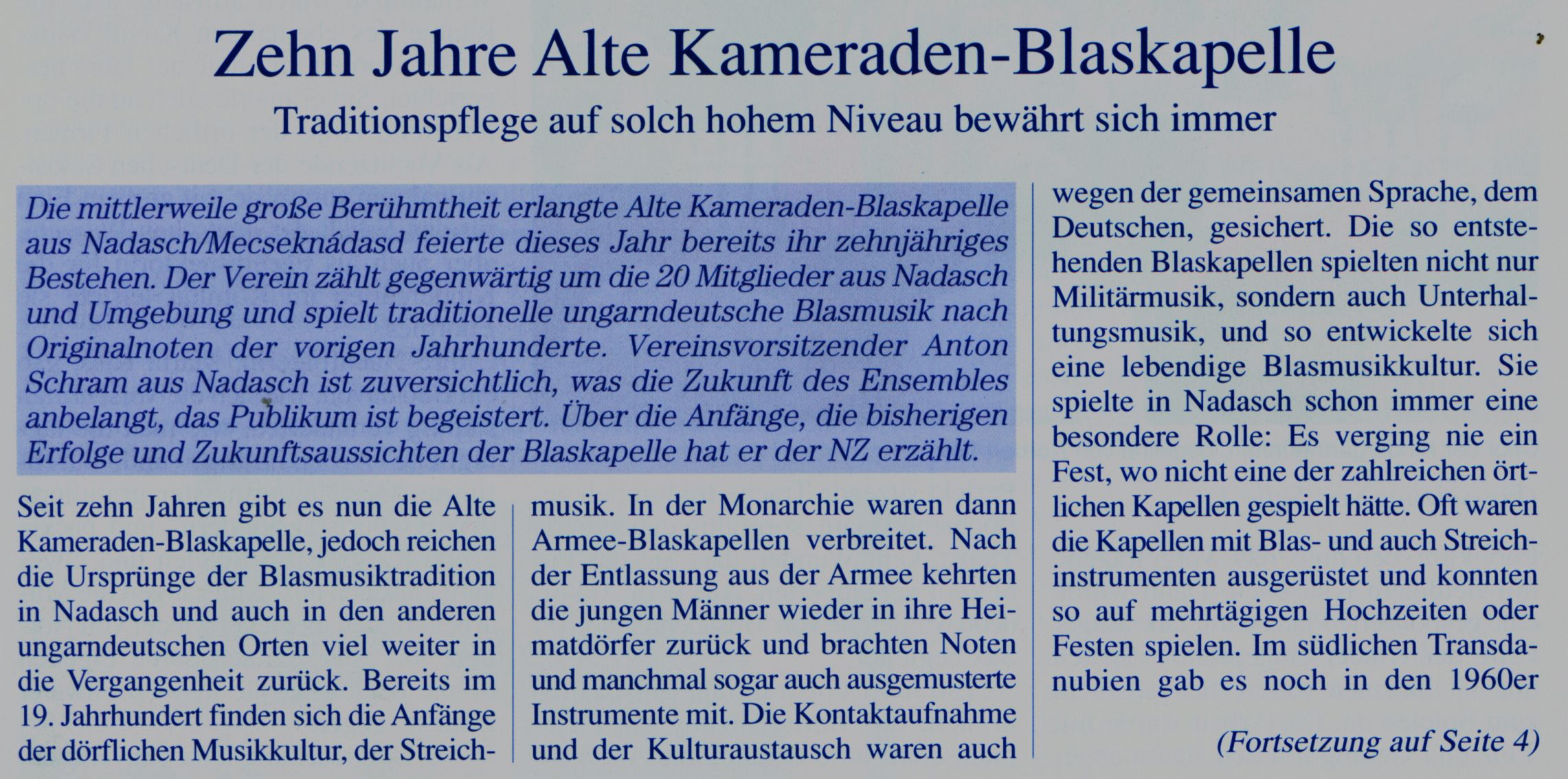 Zehn Jahre Alte Kameraden-Blaskapelle