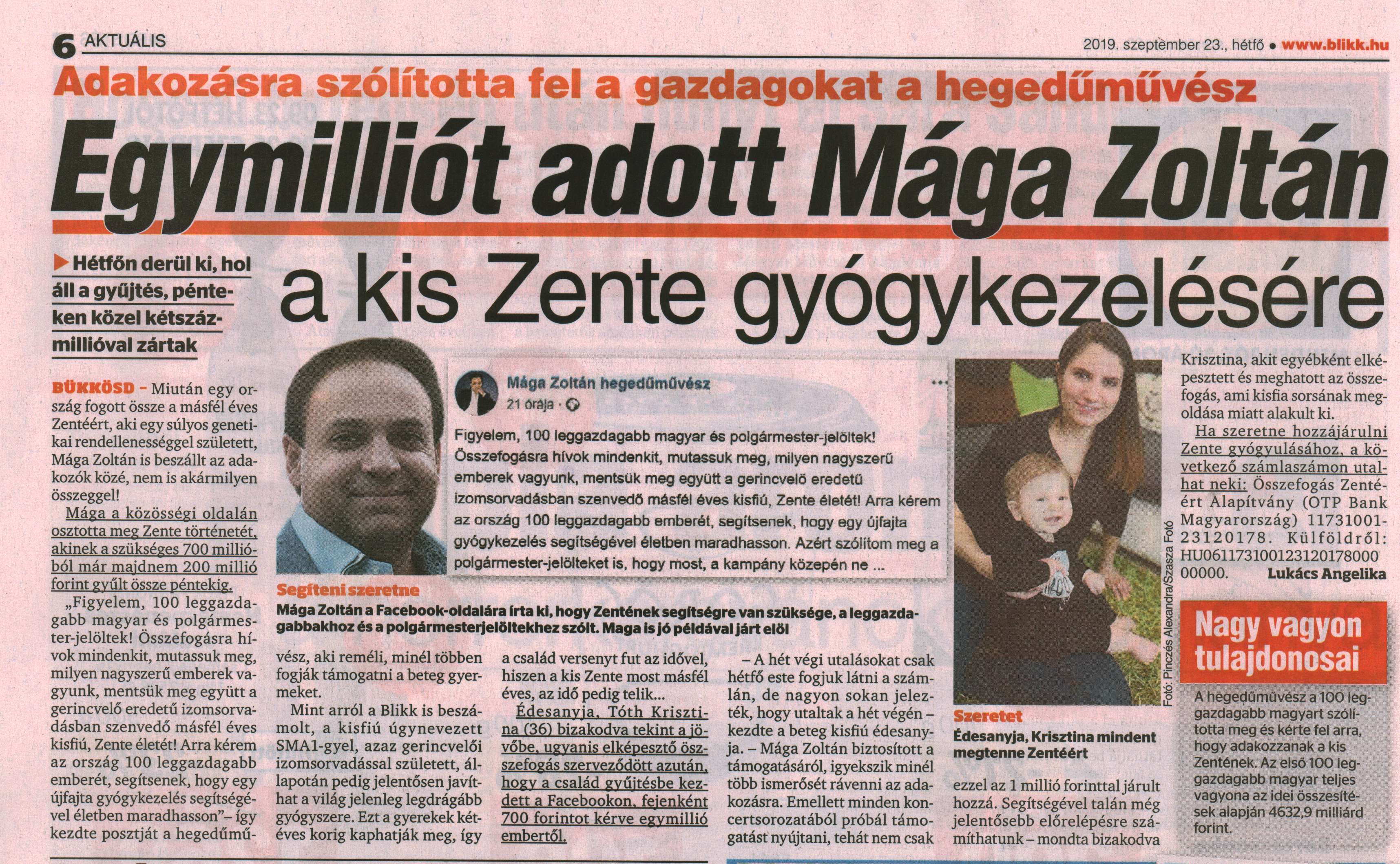 Egymilliót adott Mága Zoltán a kis Zente gyógykezelésére