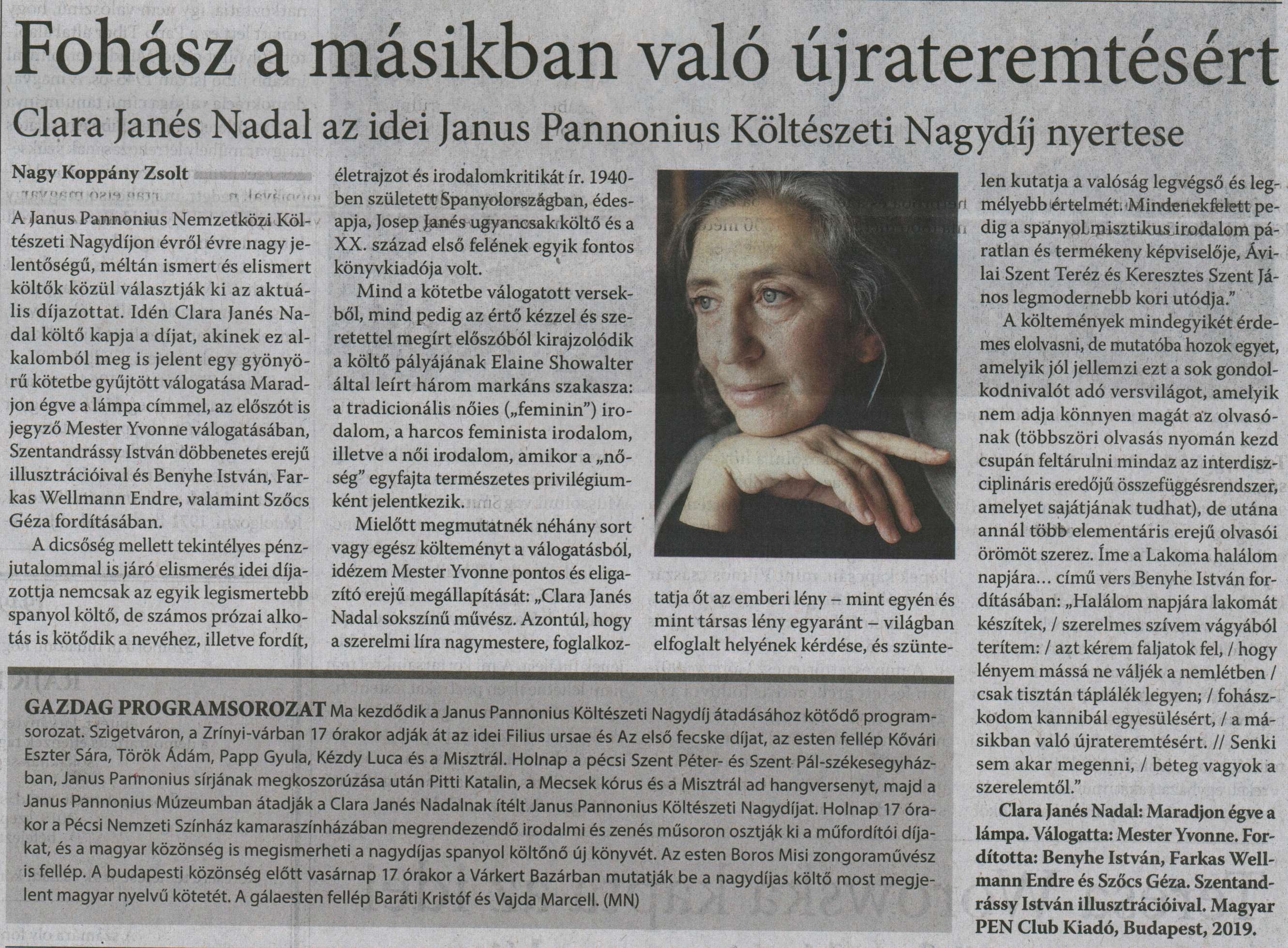 Fohász a másikban való újrateremtésért Clara Janés Nadal az idei Janus Pannonius Költészeti Nagydíj nyertese