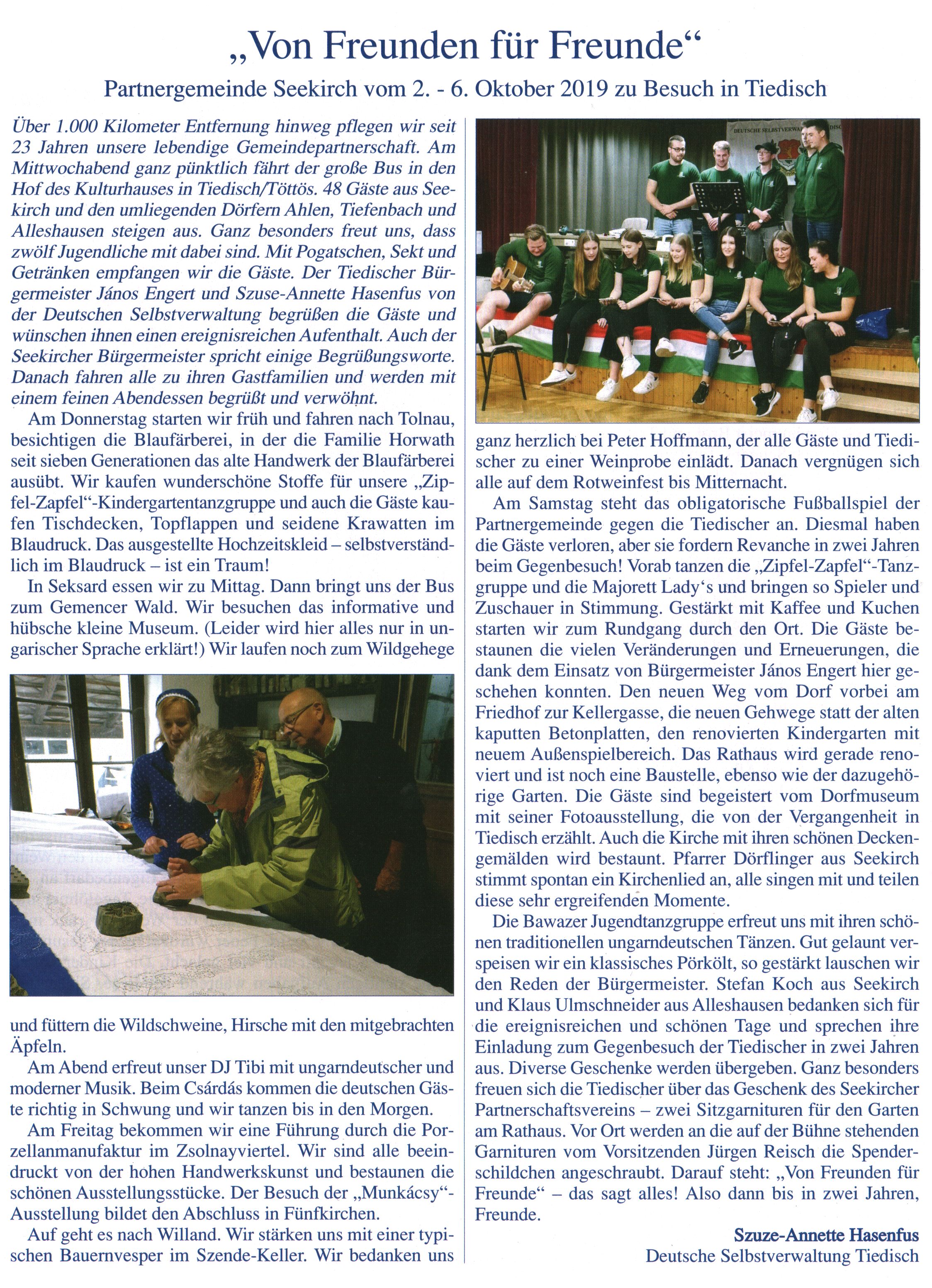"Von Freunden für Freunde" Partnergemeinde Seekirch vom 2. - 6. 6. Oktober 2019 zu Besuch in Tiedisch