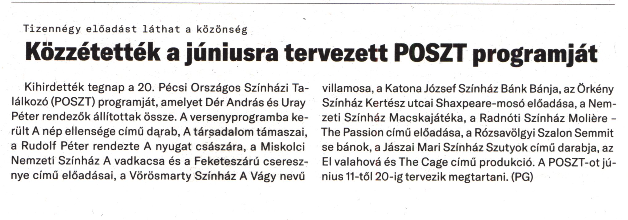 Közzétették a júniusra tervezett POSZT programját