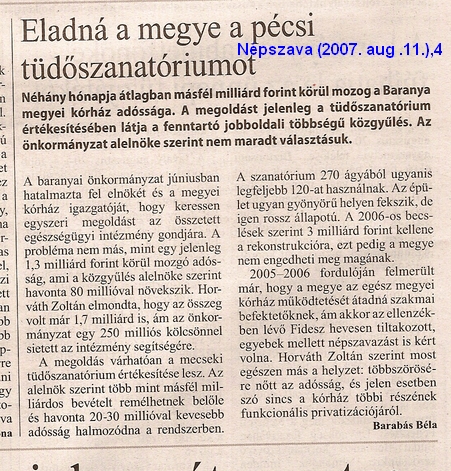 Eladná a megye a pécsi tüdőszanatóriumot