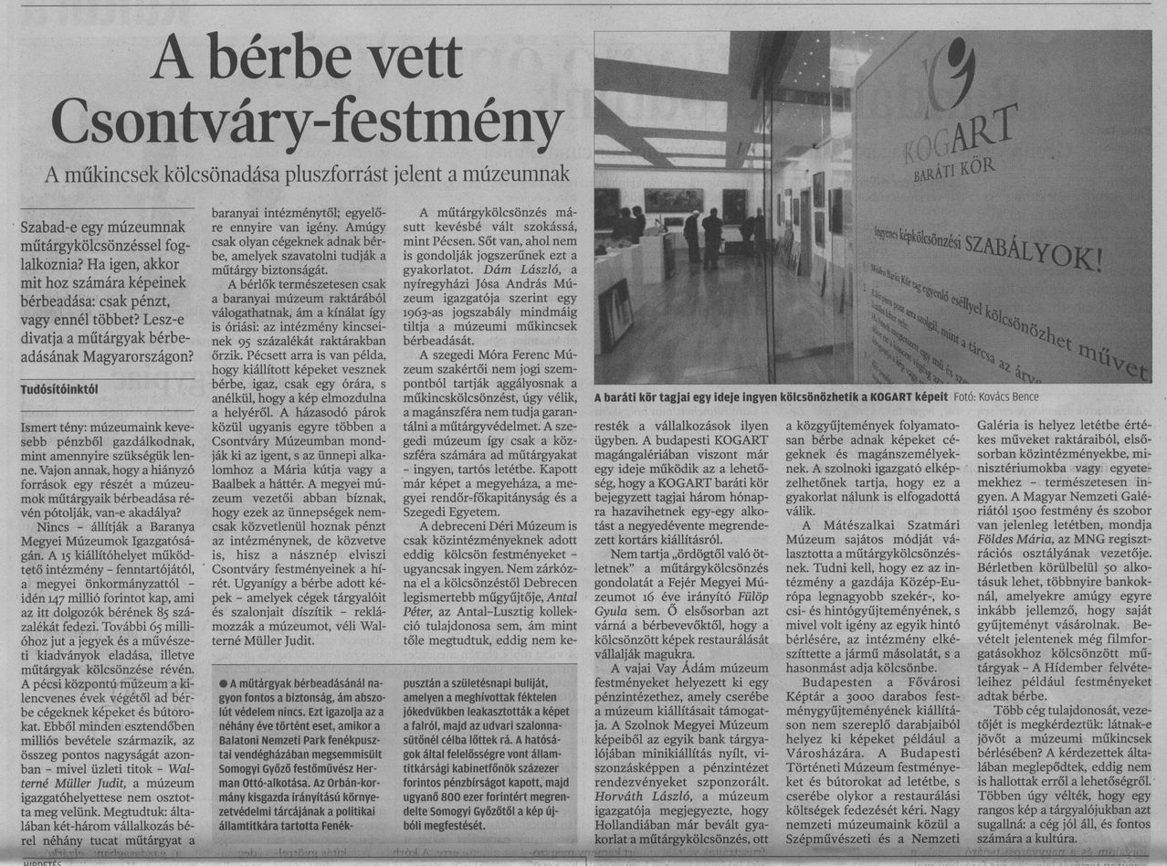 A bérbe vett Csontváry-festmény A műkincsek kölcsönadása pluszforrást jelent a múzeumnak