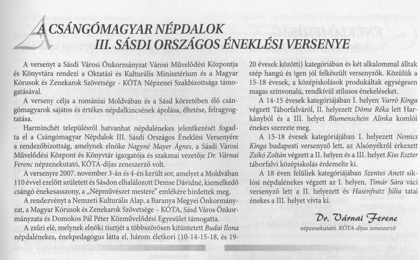 A Csángómagyar Népdalok III. Sásdi Országos Éneklési Versenye