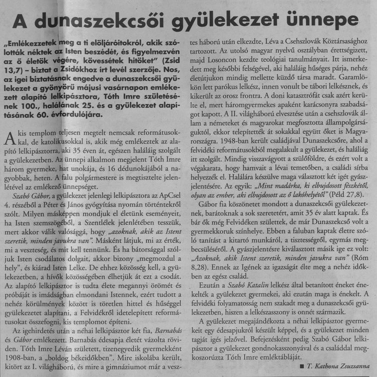 A dunaszekcsői gyülekezet ünnepe