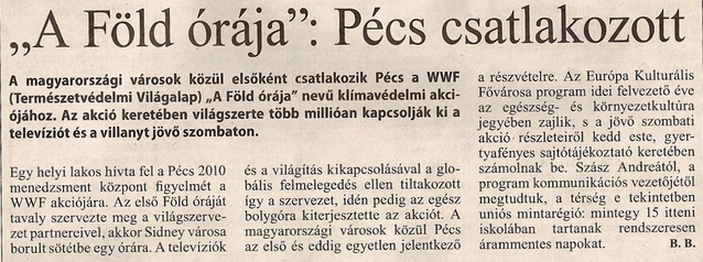 "A Föld órája" Pécs csatlakozott