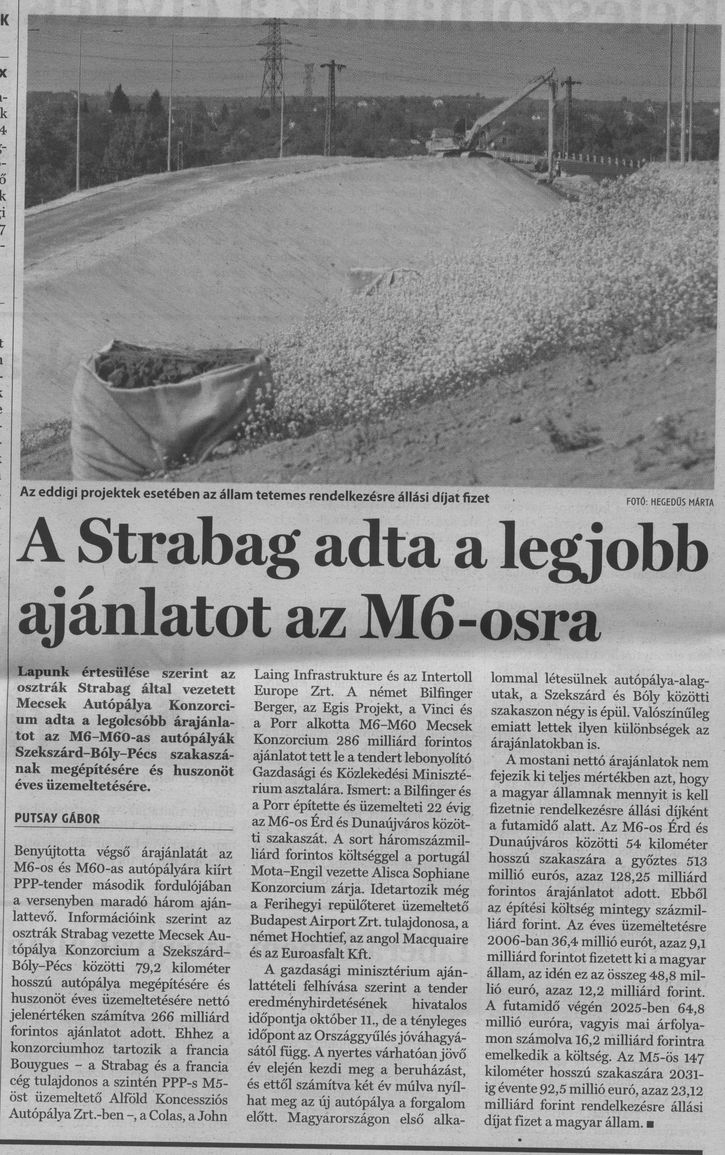 A Strabag adta a legjobb ajánlatot az M6-osra