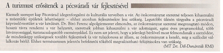 A turizmust erősítenék a pécsváradi vár fejlesztésével