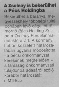 A Zsolnay is bekerülhet a Pécs Holdingba