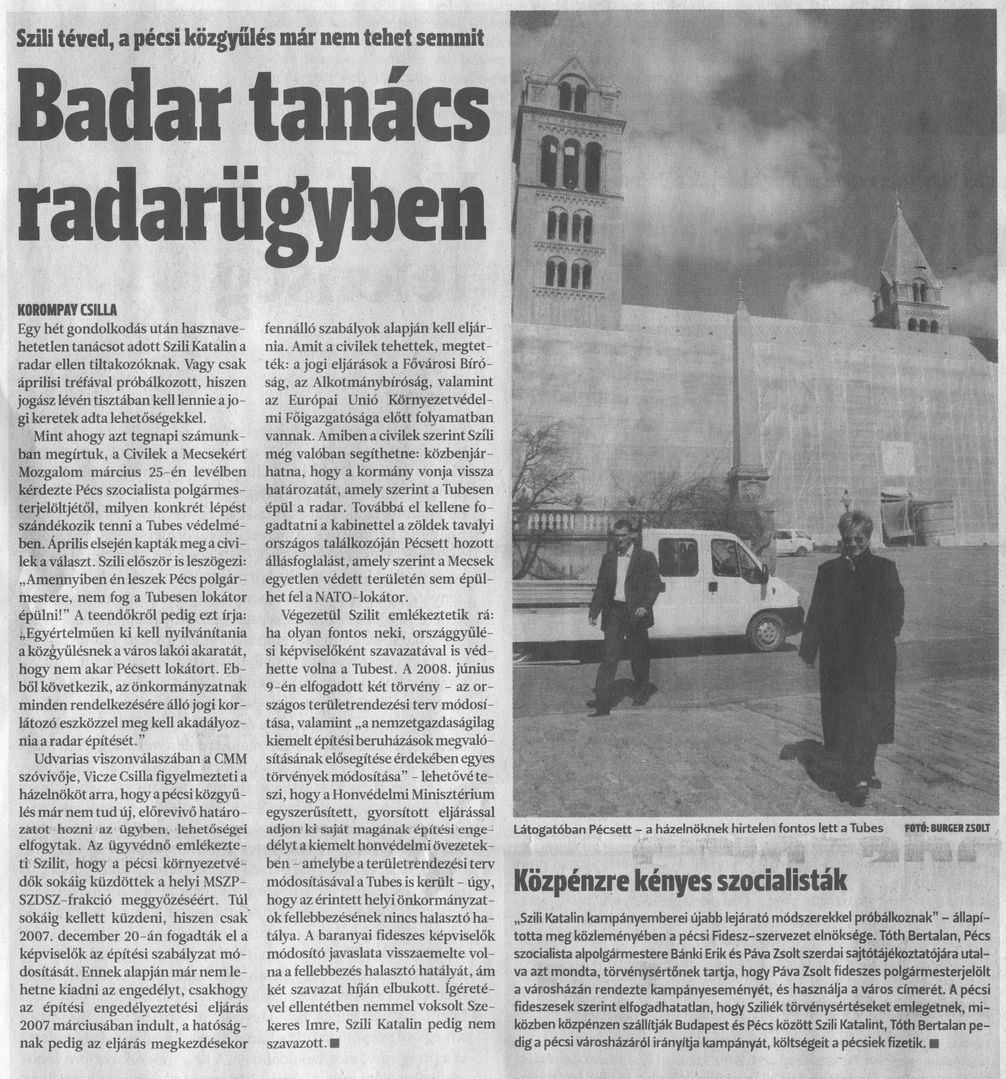 Badar tanács radarügyben : Szili téved, a pécsi közgyűlés már nem tehet semmit
