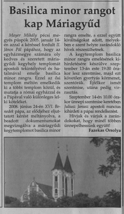 Basilica minor rangot kapott Máriagyüd